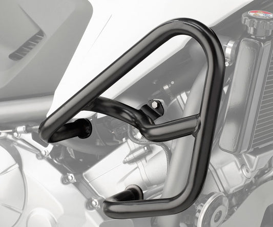 Black motorcycle crash bar on a motorcycle with a blurred background