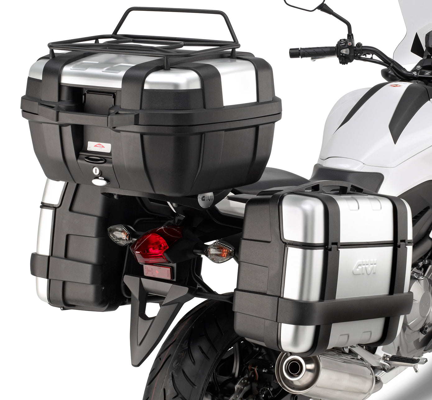 Motorcycle with black and silver luggage boxes on a white background
