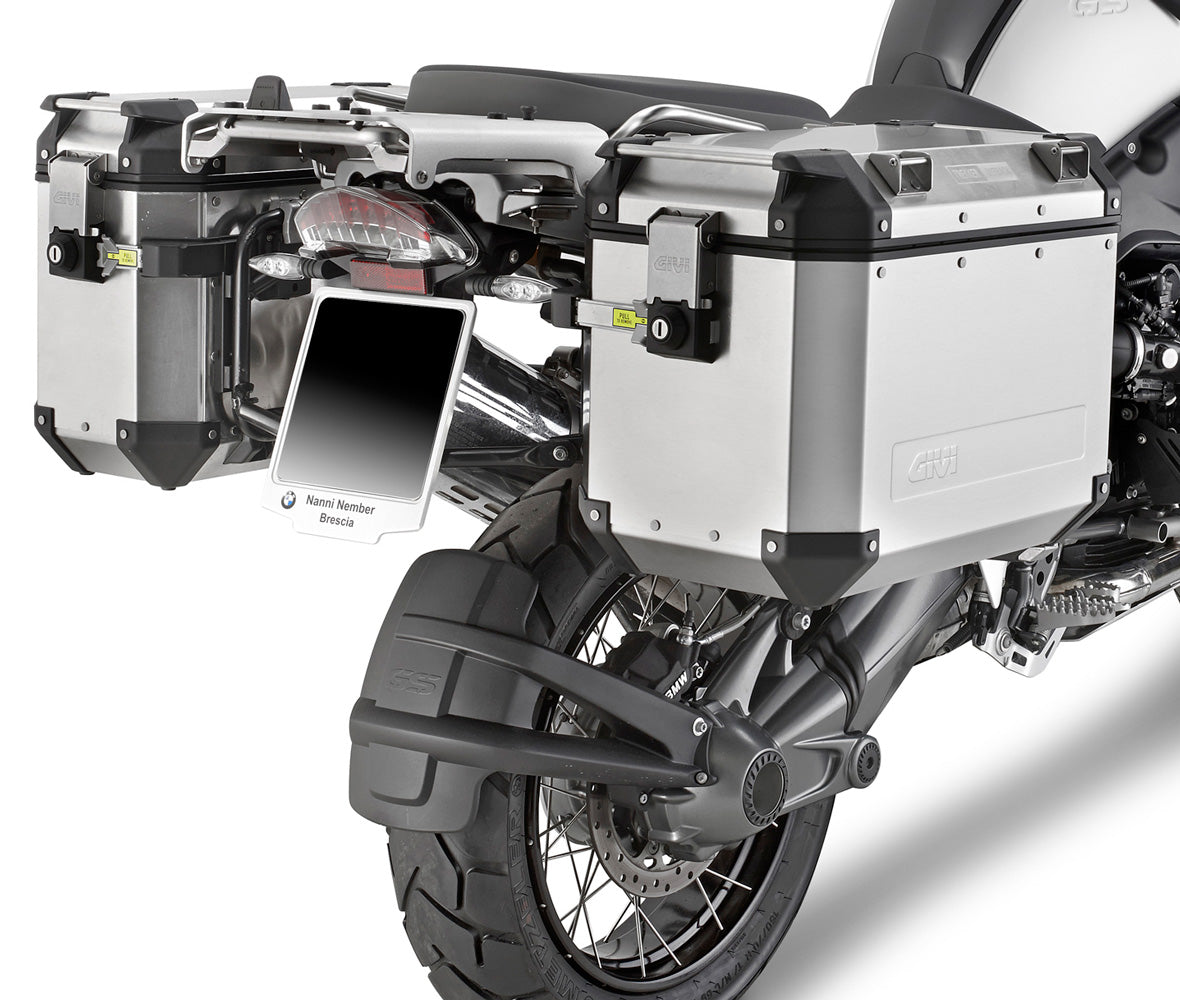 Motorcycle with large storage boxes on a white background