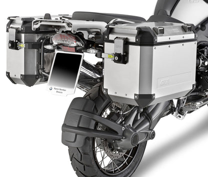 Motorcycle with large storage boxes on a white background