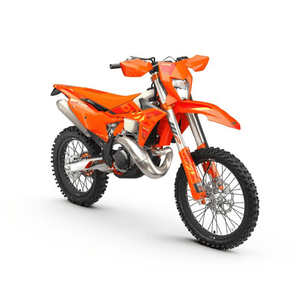 Orange KTM enduro bike on white background