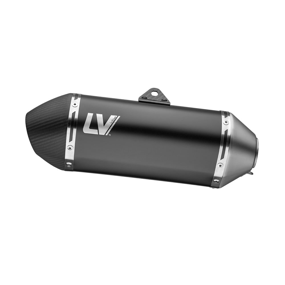 Black motorcycle exhaust with 'LV' branding on a white background