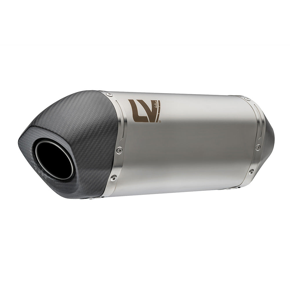 Motorcycle exhaust with carbon fiber finish and 'LV' logo on a white background