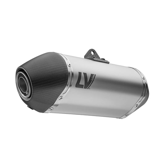 Motorcycle exhaust with 'LV' branding on a white background