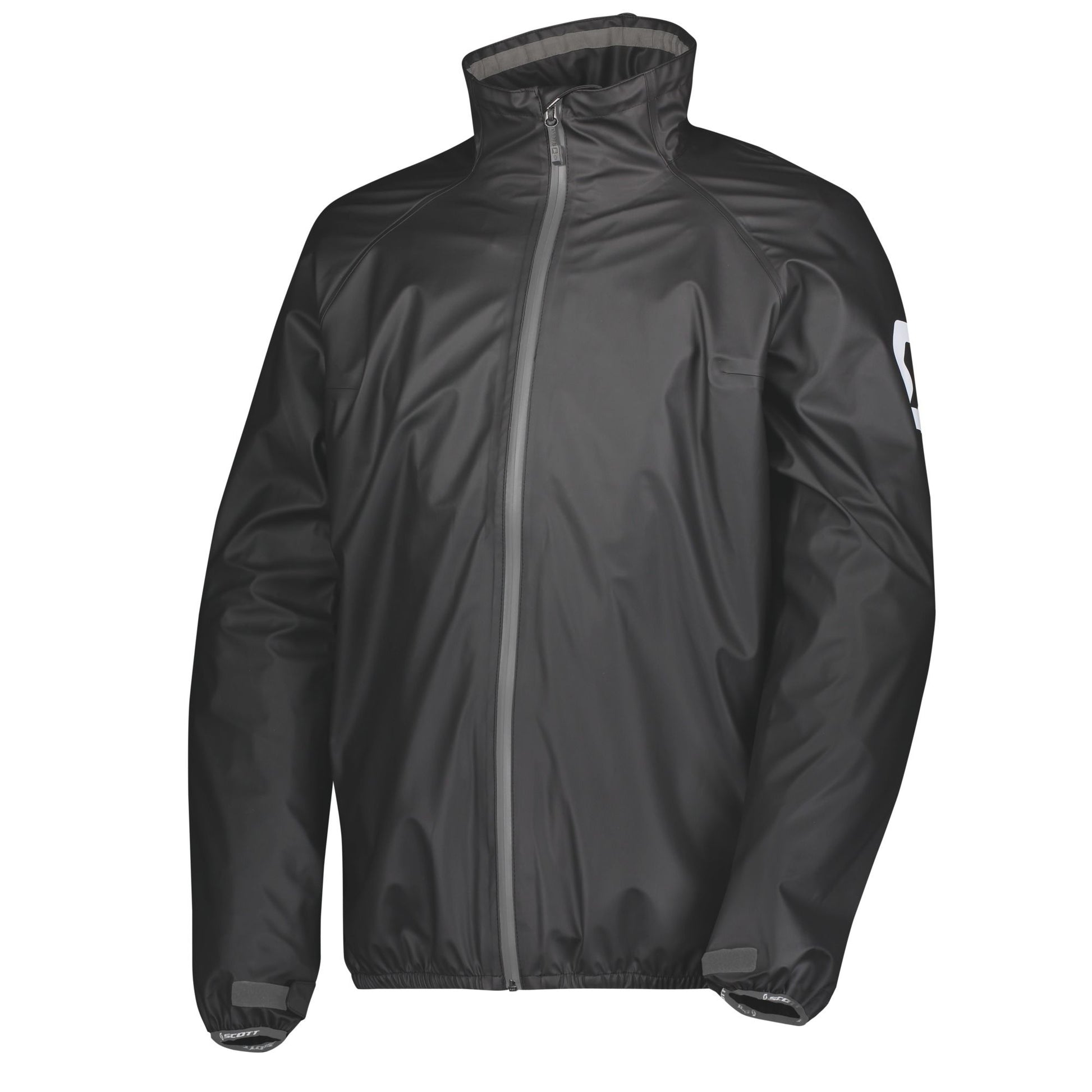 Black Scott Rain jacket with a zipper on a white background