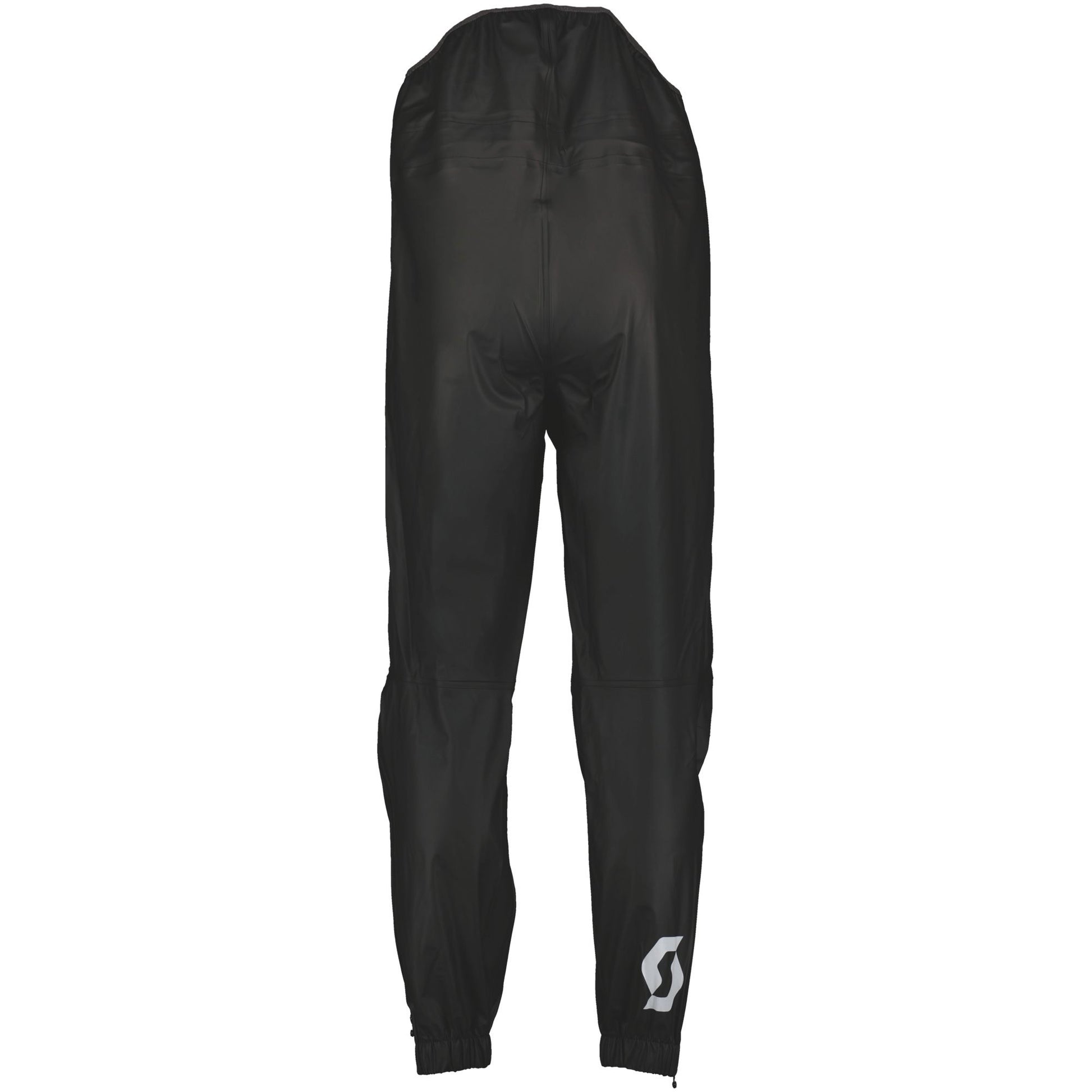 Black rain pants with a scott logo on a white background