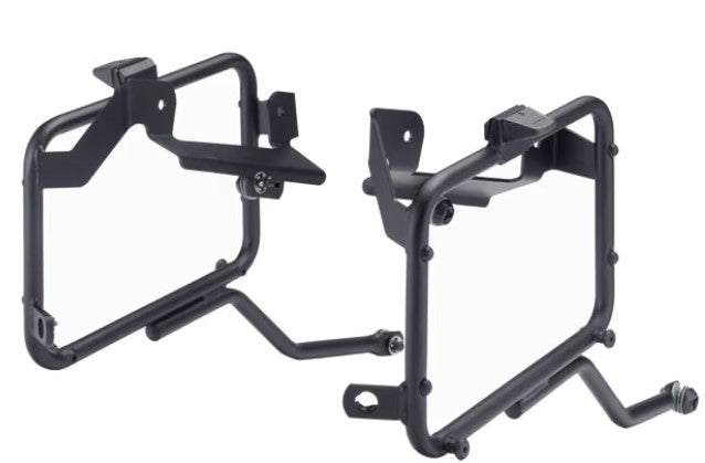 Two black metal brackets on a white background