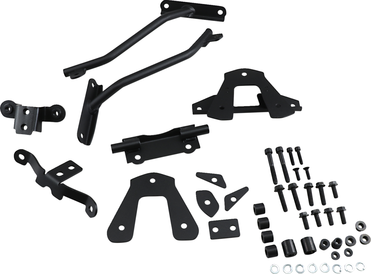 Set of black metal brackets and bolts on a white background