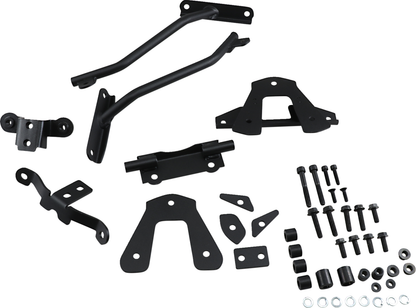 Set of black metal brackets and bolts on a white background